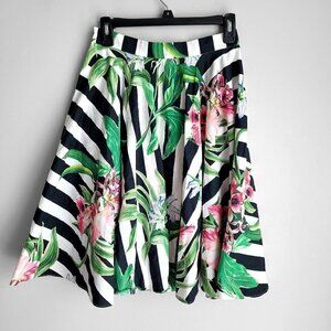 Georges Hobeika Cotton Black & White Stripes Floral Print A-Line Ruffled Skirt